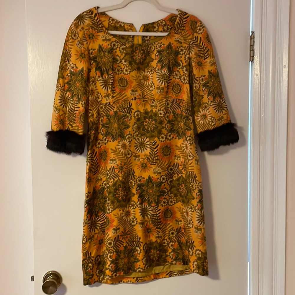 1960s Silk Floral Wiggle Dress with Fur Cuffs